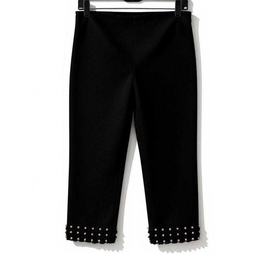 Zara Women Pearl Fringe Hem Black Ankle Pants Size M Chic Embellished Trousers